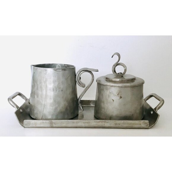 1940s Buenilum Hammered Aluminum Cream & Sugar Set & Serving Tray BW Metalwork - Picture 2 of 13